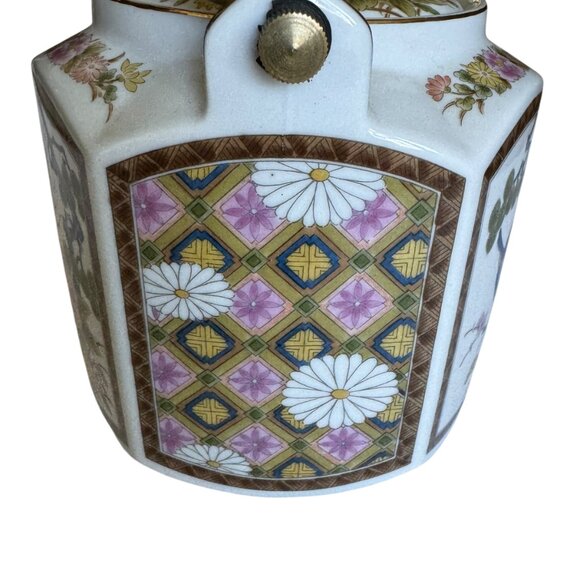 Vtg Homco Japanese Porcelain Tea Pot Hexagonal Kutani Bird Brass Handle 6" Asian - Picture 13 of 16